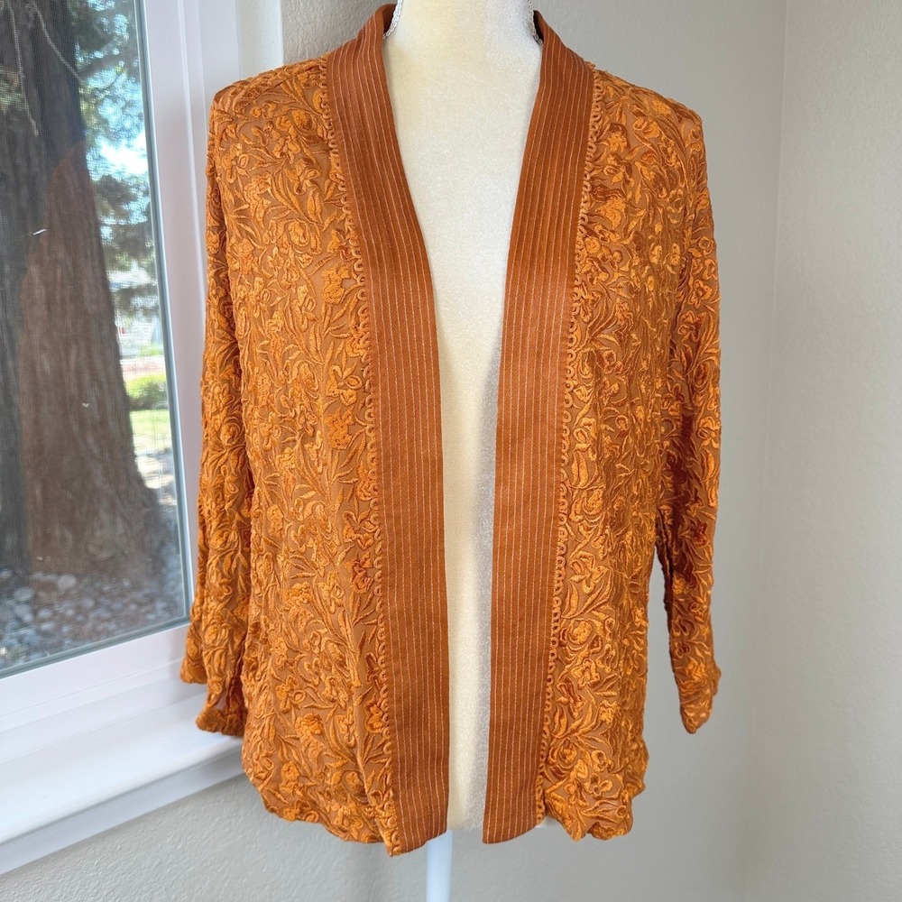 Blank London‎ Anthropologie Cardigan XS Orange Embroidered Floral Boho Chic